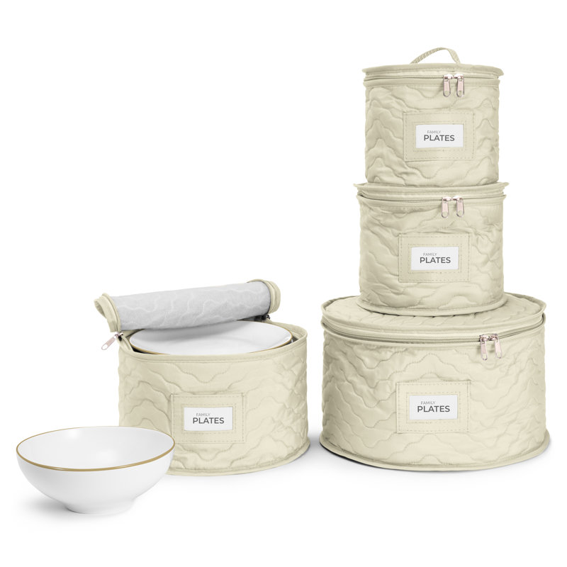 Beige Quilted Fabric Stackable Lidded Plate Storage Set