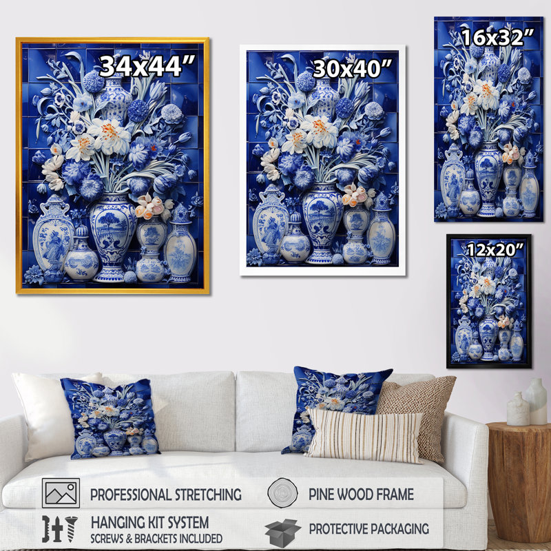 «Blue Boho Flower Pottery I» - art mural Boho, H 32 po x l 16 po x P 1 po, Cadre flottant doré