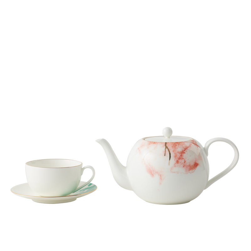 Premium Porcelain Teapot Building Filter Water Colour Pattern Gold Banding Light Weight 1200Ml