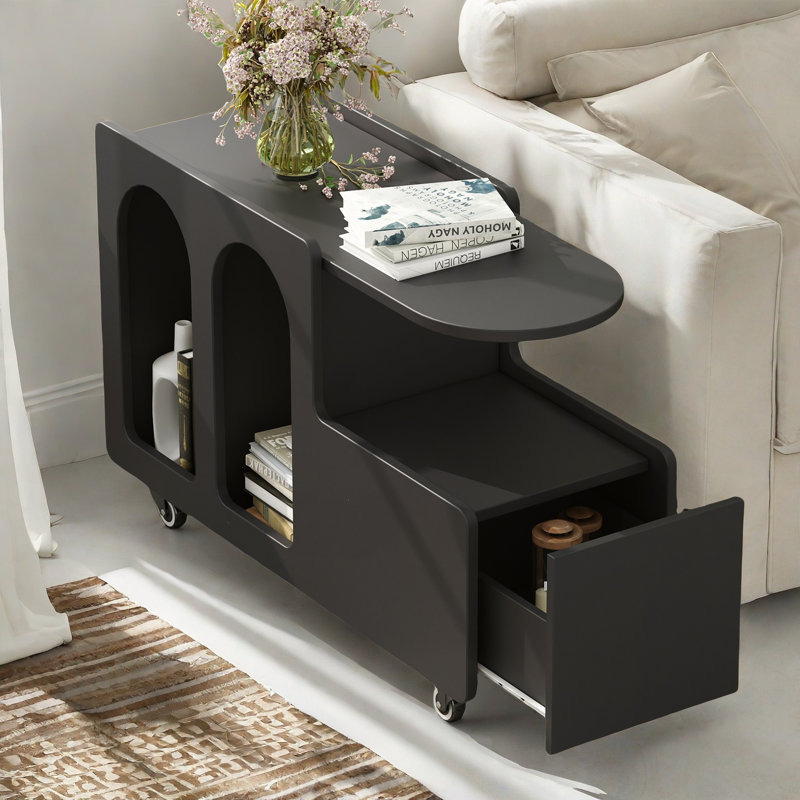 Mobile End Table With Lockable Wheels, A Drawer And Raised Tabletop Edge, Black