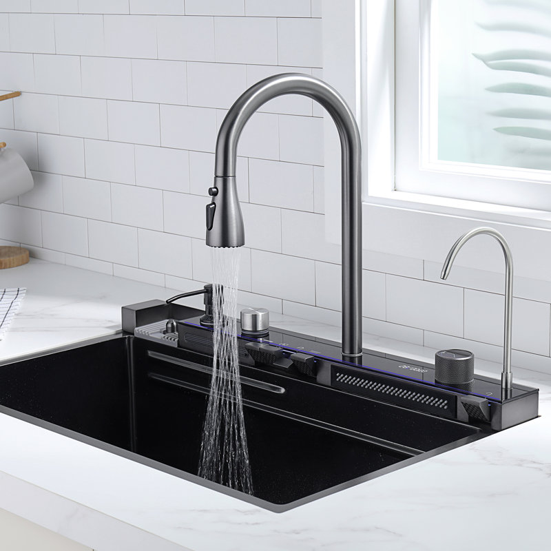 Lefton 304 Stainless Steel Kitchen Workstation Sink with Pull-down Faucet, Grey, KS2206