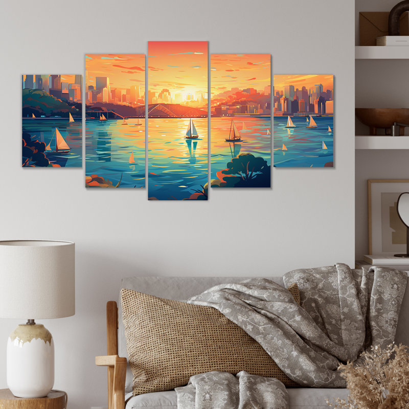 Sydney Harbour Sunset Coastline I - art mural multi-panneaux pour le port côtier
