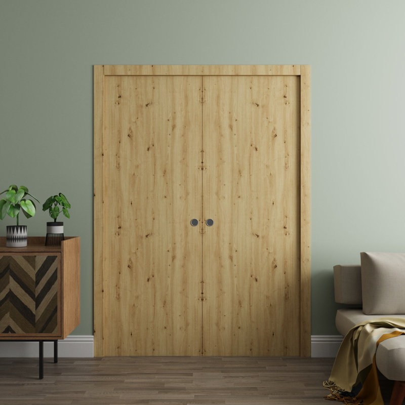 Portes coulissantes françaises à double poche - Essentiel 8001 frêne - Quincaillerie de rail - Portes intérieures modernes en bois massif pour chambre à coucher