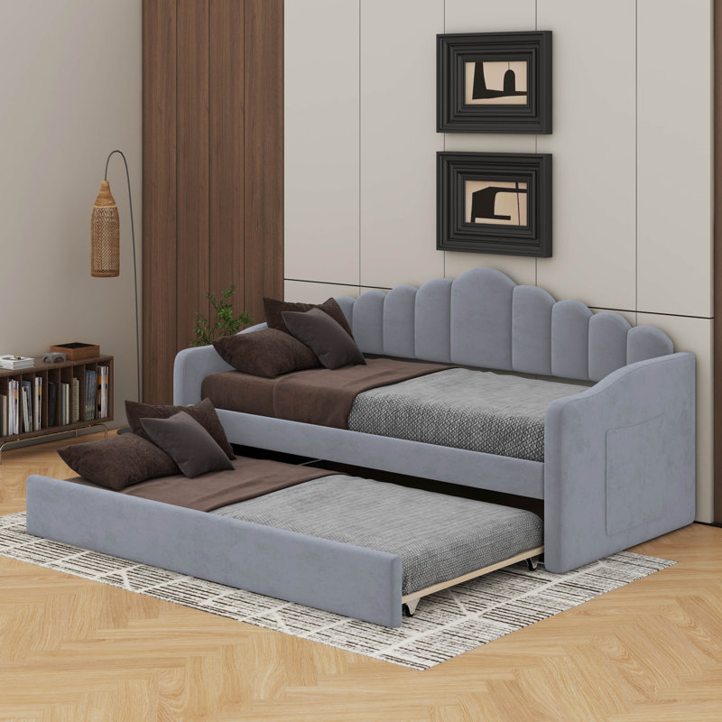 Lit de jour simple tapissier avec lit gigogne et port USB, Gris