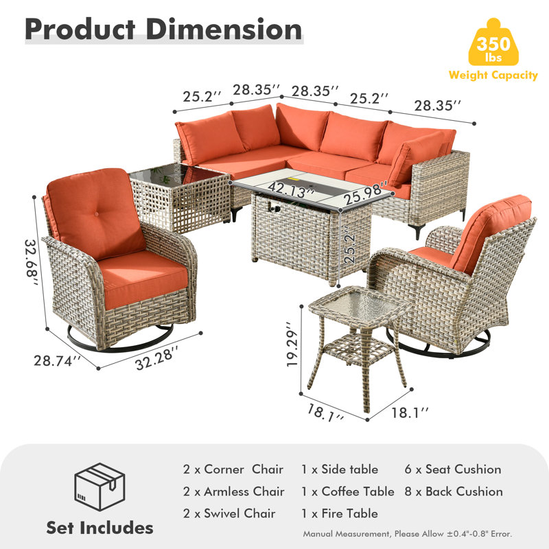 Emroy 6 - Person Outdoor Wicker Sectional Seating with Swivel Chairs, Modern Modular Rattan Conversation Set with Cushions