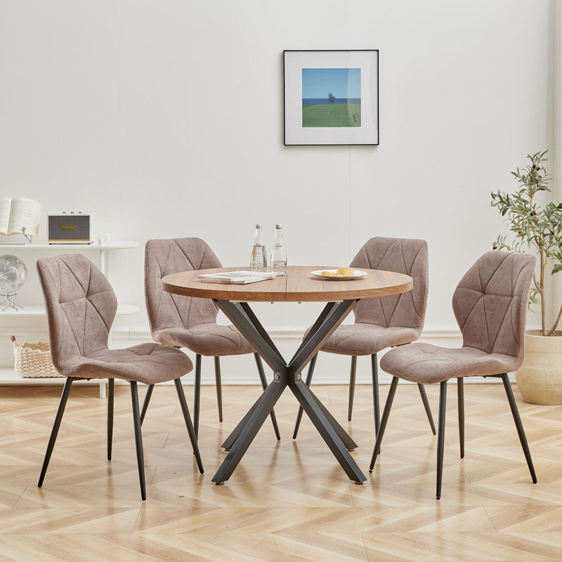 Modern 5-Piece Round Dining Table Set with Upholstered Diamond Pattern Chairs for Dining Room and Kitchen, Dark Brown, Brown