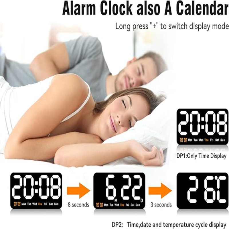 Large Digital Wall Clock,9.5 Inch,Led Alarm Clock With Big Digits,DST,Dual Alarm,3-Level Brightness For Living Room Bedrooms Classroom Decor-White