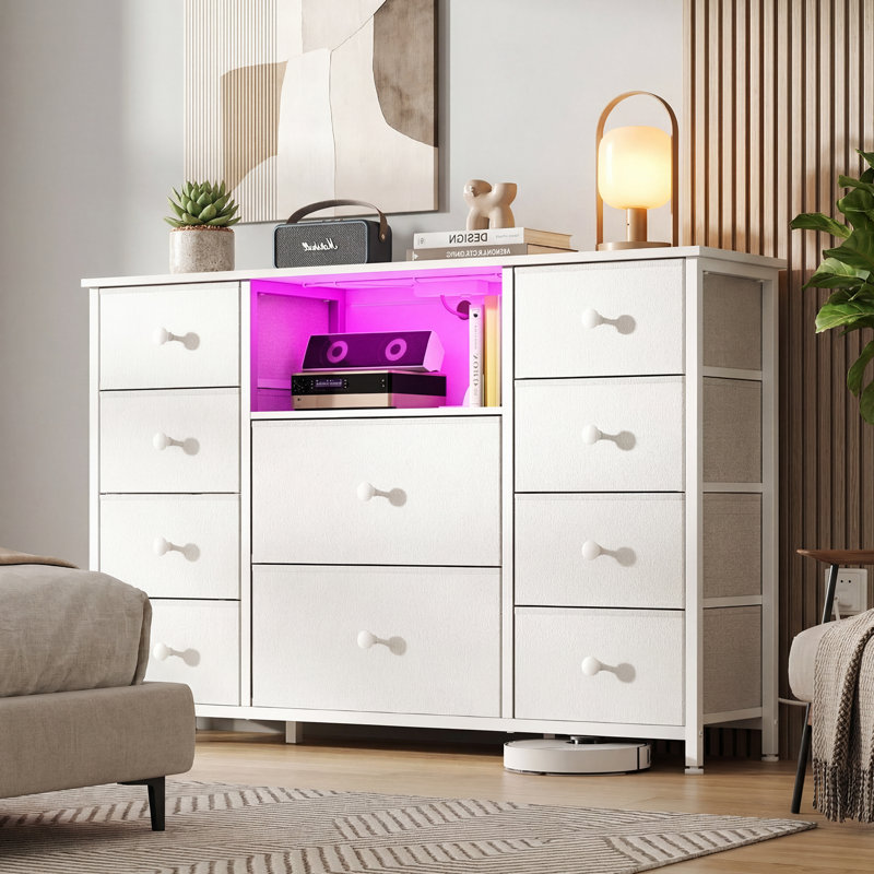 10 Drawers Dresser with Charging Station and LED Lights, Fabric Long Dresser TV Stand with PU Finish, White