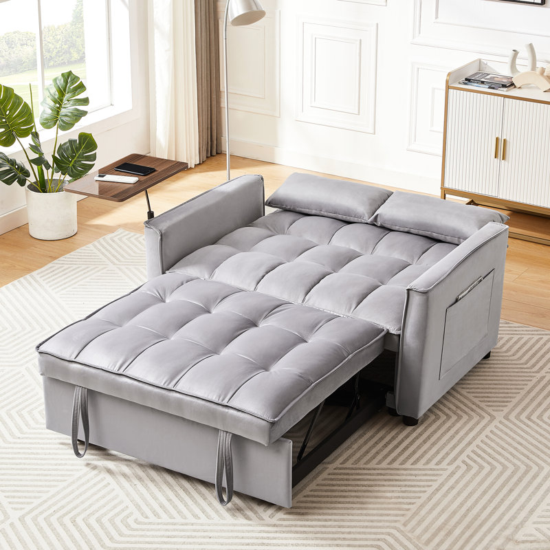 Lit convertible en velours gris - table d'appoint et pieds modernes en plastique avec table et siège, sans effort, 3 niveaux de confort réglables, accoudoirs fonctionnels