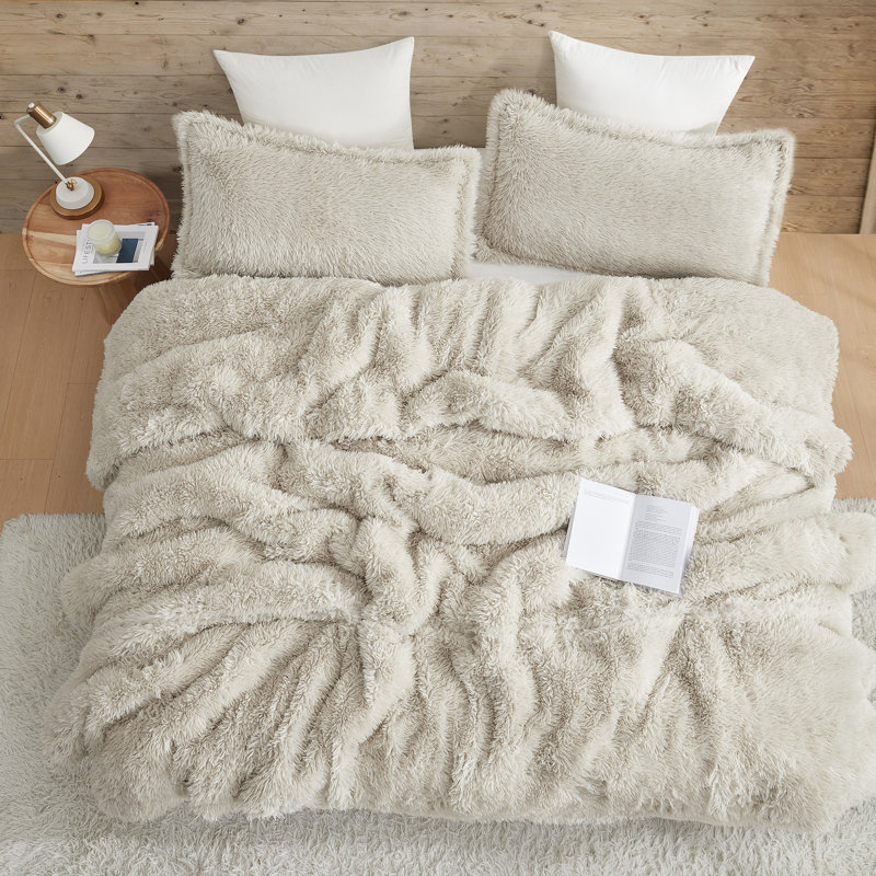 Ensemble d'édredon en fausse fourrure Coma, Édredon pour grand lit + 2 taies décoratives sta, Beige
