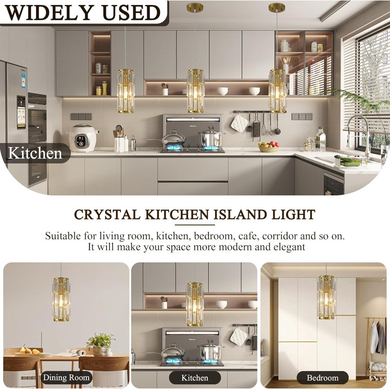 Luminaires suspendus modernes en cristal avec hauteur réglable, mini-lustre à finition dorée pour îlot de cuisine, salle à manger, chambre à coucher, luminaire fixe de base E26 (paquet de 2)
