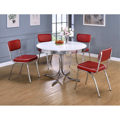 Table de salle à manger blanche 5 pièces avec plateau en métal avec plateau brillant et chaises assorties pour des réunions de famille confortables, ambiance sophistiquée sur les côtés