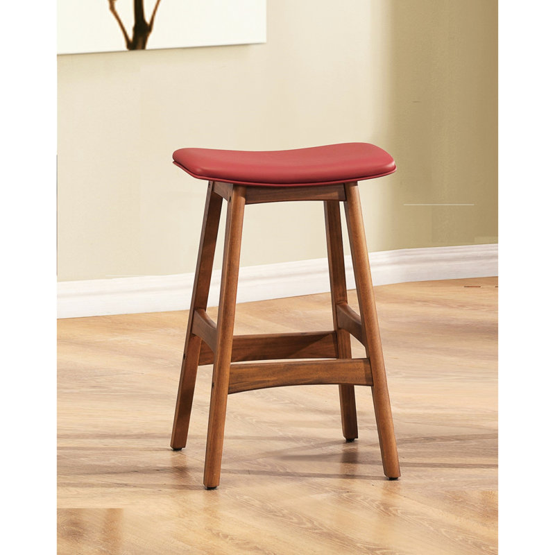 2 tabourets de comptoir de hauteur, style Mid-Century en bois massif avec placage de noyer et siège en similicuir rouge pour la cuisine