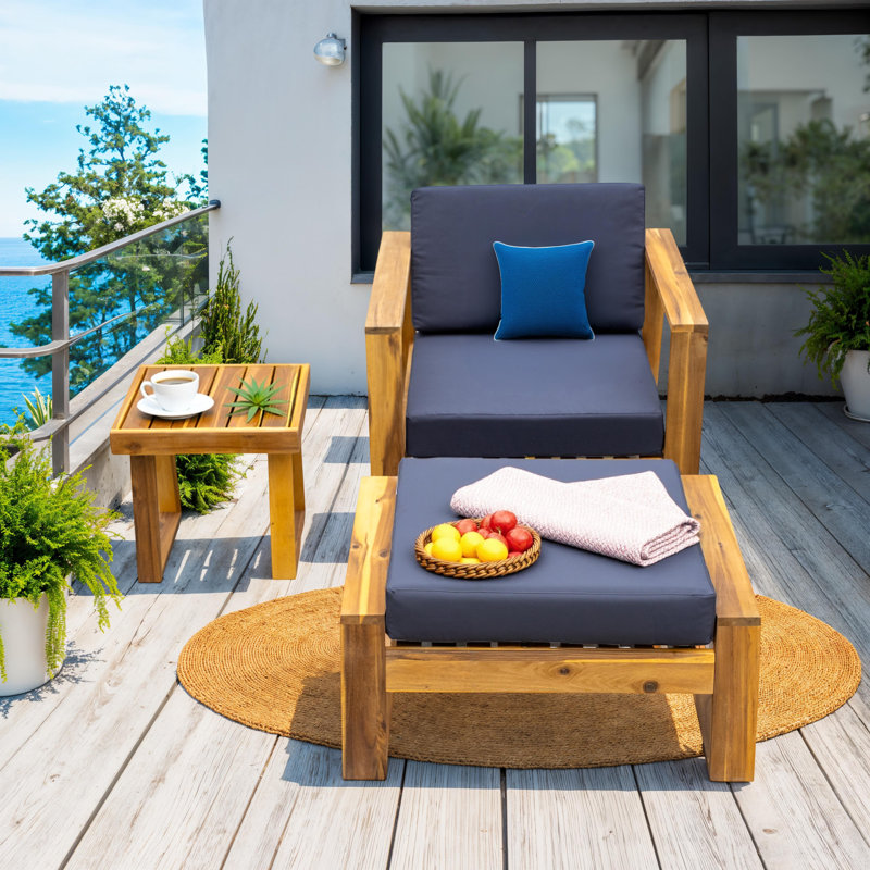 Acacia Wood Outdoor Lounge Chair Set with Chair, Ottoman & Side Table, Perfect for Patios Balconies or Gardens, Gray