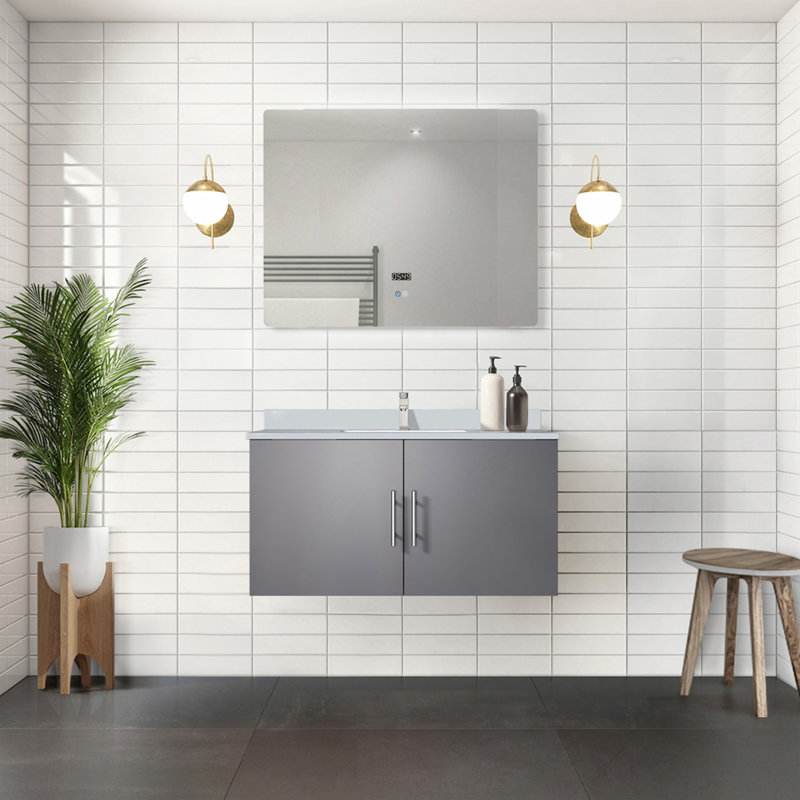 Meuble-lavabo gris foncé 36 po X P 22 po D, dessus en quartz blanc et ensemble de robinet, Gris foncé