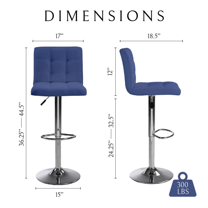Bar Stools  Set of 2, Bar Stools for Kitchen Island, Square Cushion Bar Stools with Back, Footstool, Cafe, Blue