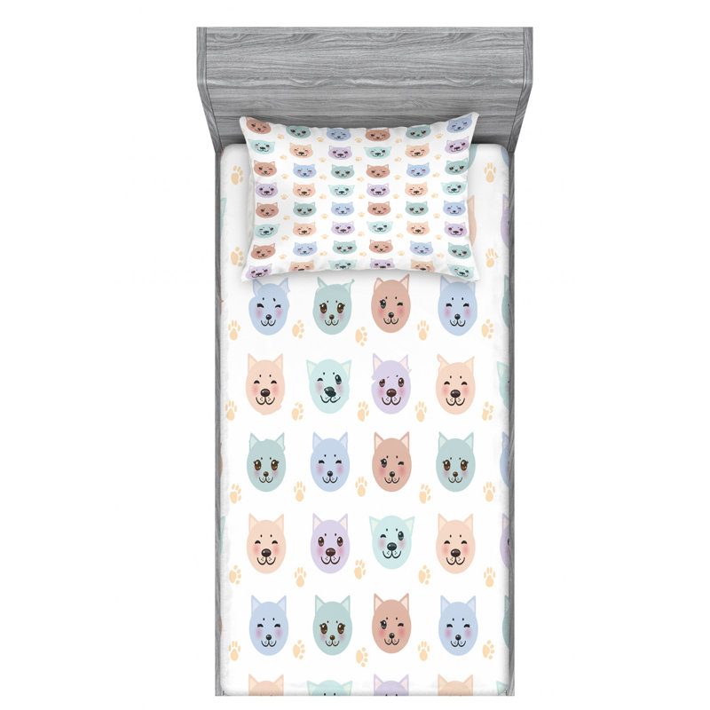 White Cat Print Microfiber Twin XL Sheet Set