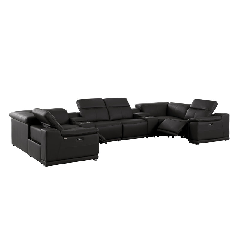 Ismeta 8 Piece 2 Power Recliner Top Grain Italian Leather Sectional, Black Genuine Leather