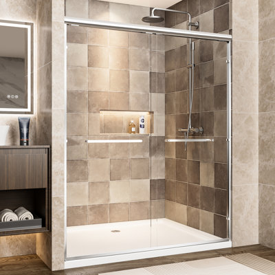 72" Tall 60" Wide Double Sliding Shower Door, 1/4"  6Mm  Clear Tempered Glass, Matte Black Aluminum Frame, Stainless Steel Handles, Width Can Be 56" - 60", Waterproof Function For Room, Scatter Film,