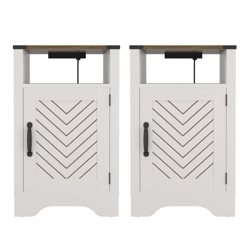 Farmhouse Nightstands With Charging Station, Wooden Rustic Bedside Tables, Tall End Tables - White And Oak | Gift Idea, 2