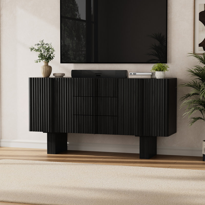 Buffet 63 "en bois cannelé avec bord incurvé et 3 tiroirs, Noir