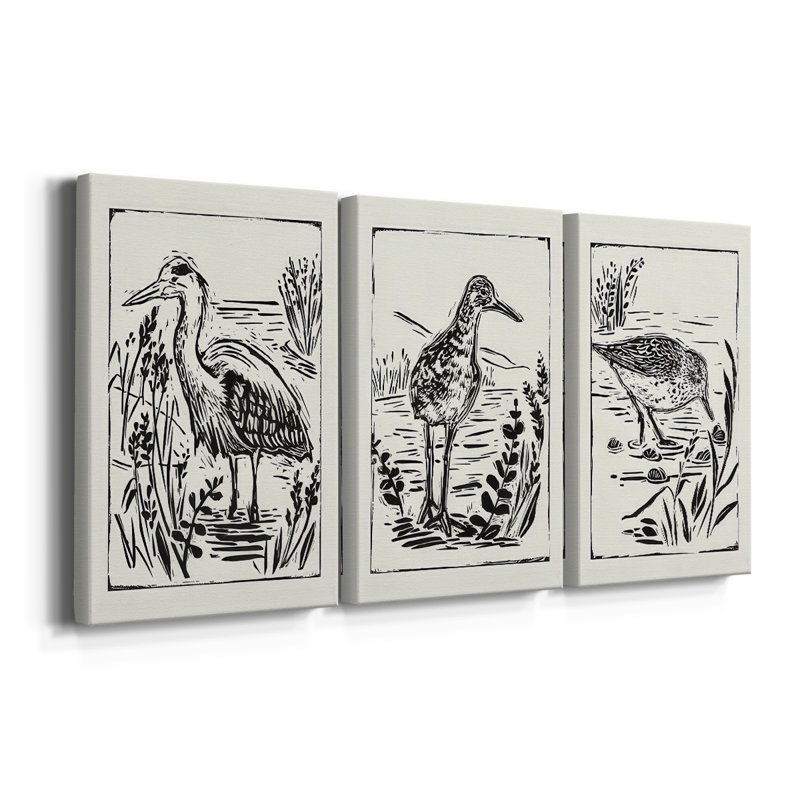 Linocut Style Seabird I - Toile tendue sur mesure avec châssis - 3 pièces, H 48 po x l 96 po
