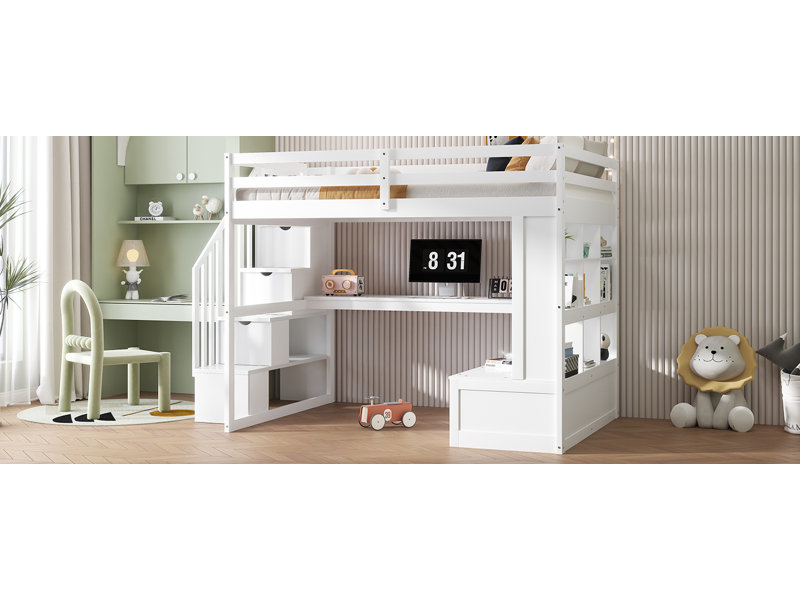 Lit mezzanine double avec bureau et tablettes, deux tiroirs intégrés, escalier de rangement, blanc, Blanc