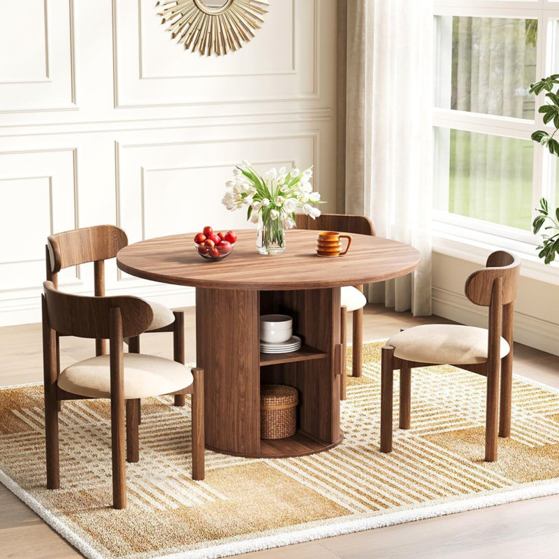 47-Inch Round Dining Table With Storage, Brown Wood