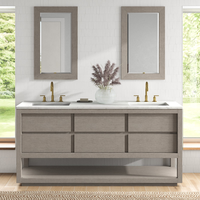 Meuble-lavabo de comptoir en marbre blanc de 72 po en chêne gris avec robinet et miroir Anslem, Doré, Robinet inclus