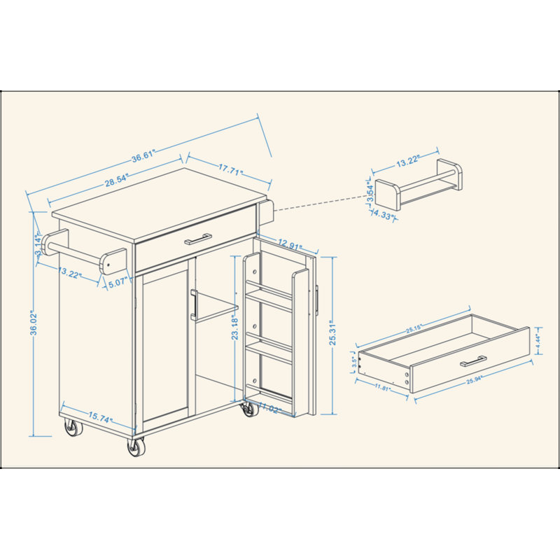 Kitchen Island Rolling Trolley Cart With 1 Drawer & 2 Doors With Storage Racks & Adjustable Shelves & Towel Rack & Seasoning Rack Rubber Wood Table Top-White