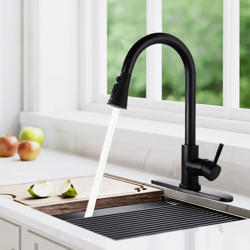 Robinet de cuisine avec douchette rétractable, acier inoxydable noir mat, résistant à la corrosion, acier à débit maximal de 1,8 gal / min pour la cuisine, corrosion, bec pivotant à 360 °,