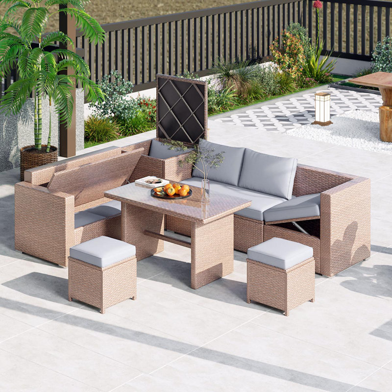 Outdoor 6-Piece All Weather Pe Rattan Sofa Set, Light Gray, Brown