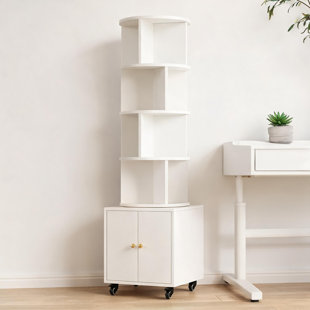Warm Brown 5-Tier Rotating Bookshelf, Compact Corner Floor Standing Storage Organizer with Drawer, MDF Narrow Shelf for Small Homes
