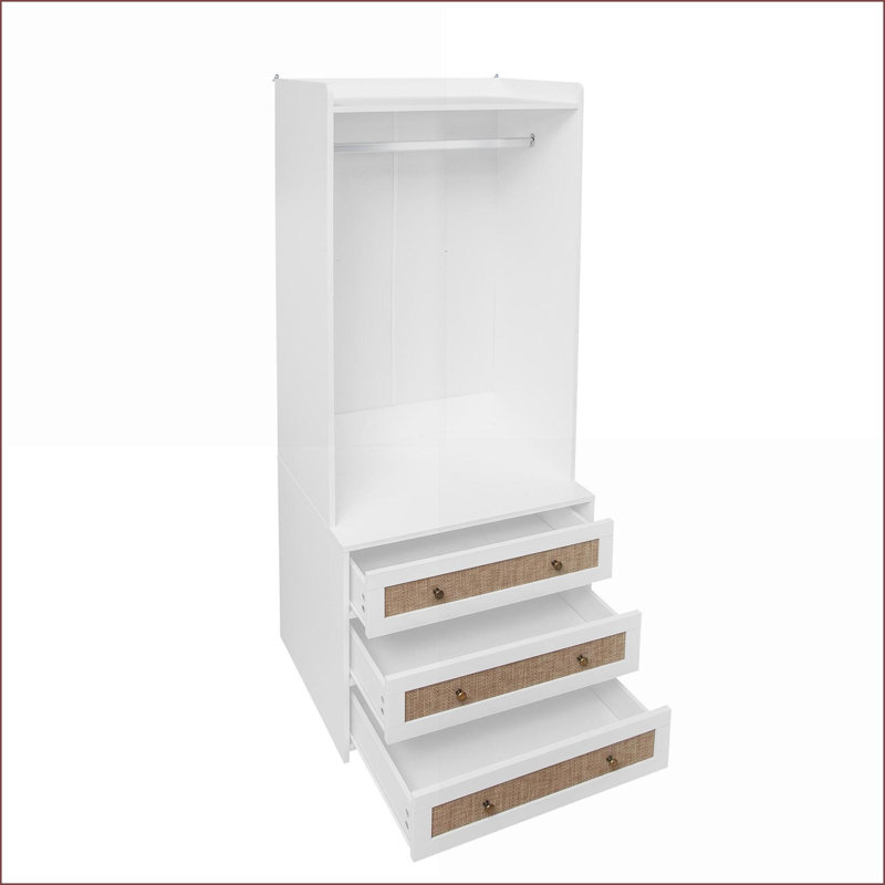 Commodes et amp; Garde-robe, armoire haute à 3 tiroirs avec façade en rotin et amp; Tige suspendue | Blanc | Panneau de particules et panneau de fibres à densité moyenne