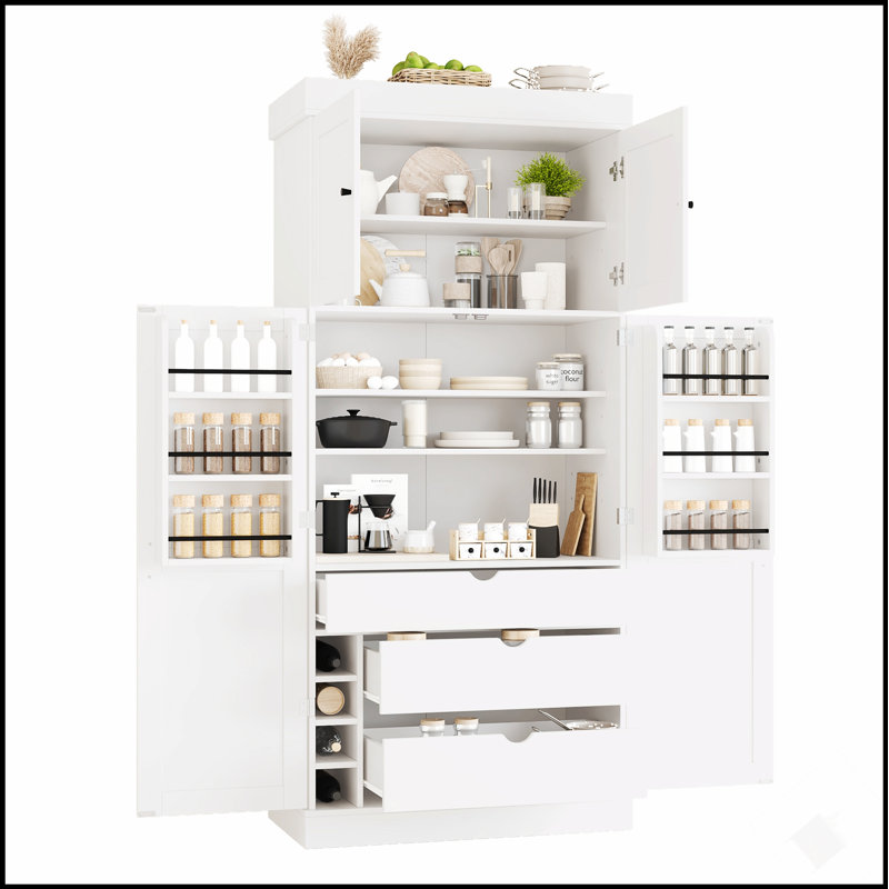 Spacieux garde-manger autoportant de 77 po de hauteur avec tablettes réglables, tablettes de porte, tiroirs et supports à vin pour un rangement moderne