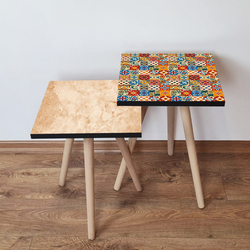 Stylish Nesting Table Set (2 Pieces), Bohemian Patchwork Design, 13.8 x 18.5 x 13.8 inches & 13.8 x 16.5 x 13.8 inches | 100% MDF with Beech Wood Legs, Durable & Chic for Living Room, Versatile Functionality