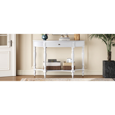 Console demi-lune en bois massif avec tiroir et tablette, table d'entrée incurvée à cannelures vintage pour vestibule de couloir, canapé à espace étroit avec pieds sculptés à colonne romaine - blanc