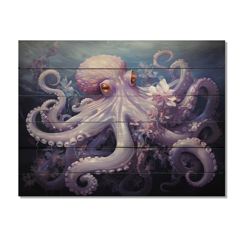 Pieuvre mauve, reflets lunaires III sur bois, H 24 po x l 32 po x P 0,78 po