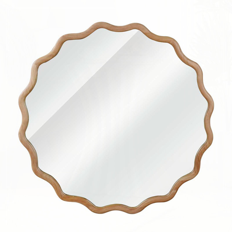 Wavy Round Solid Wood Frame Decorative Mirror,For Bedroom, Bathroom, Living Room, Entryway, 36" x 36", Natural Wood