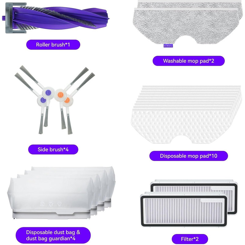 Narwal Freo X Plus Ultra Robot Vacuum Cleaner Accessory Pack - Replacement Roller Brush, Side Brushes, Filters, Mop Pads and Dust Bags - Washable and Disposable Parts Kit