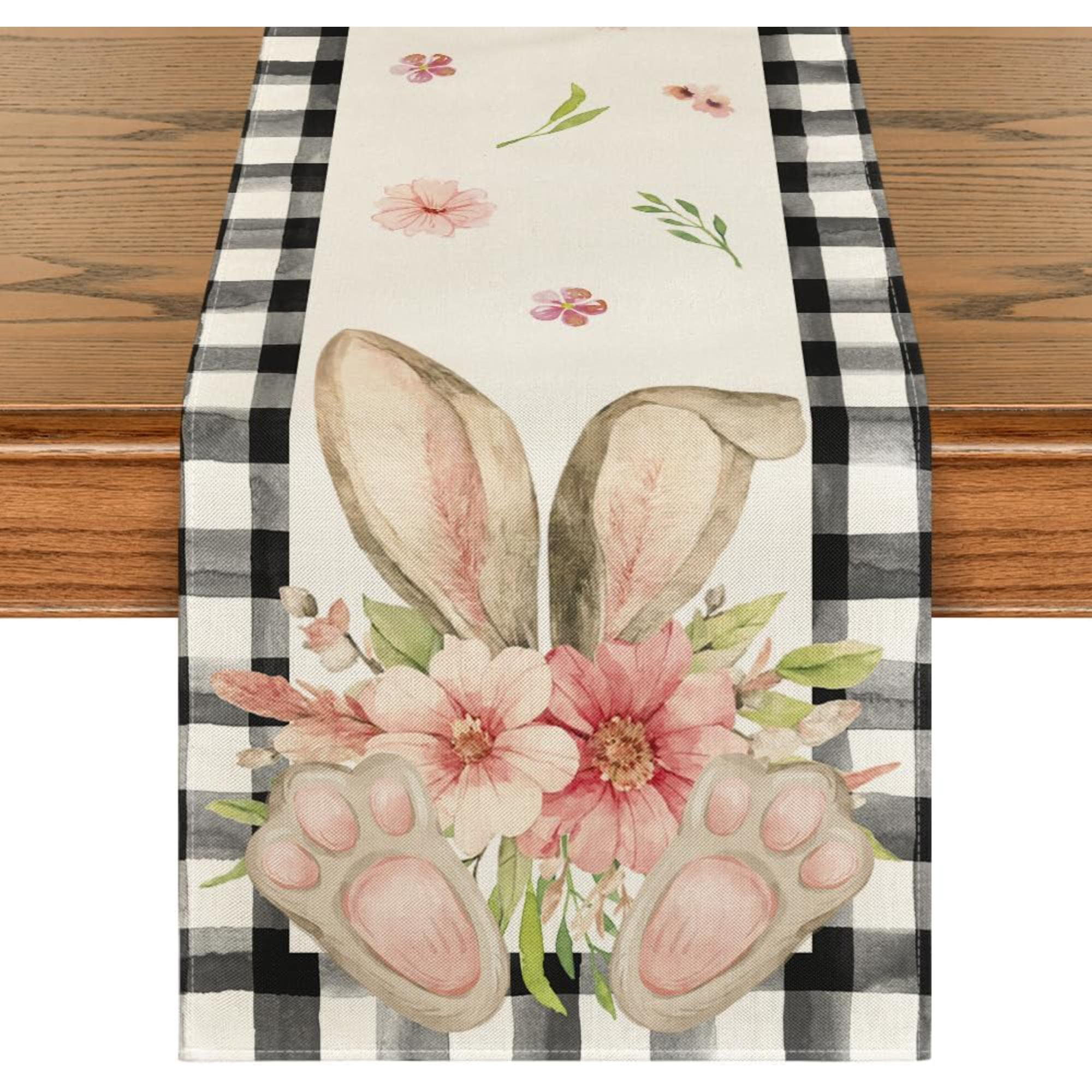 The Holiday Aisle® Buffalo Plaid Bunny Ear Foot Flower Easter Table Runner, Seasonal Spring Kitchen Dining Table Decoration For... 