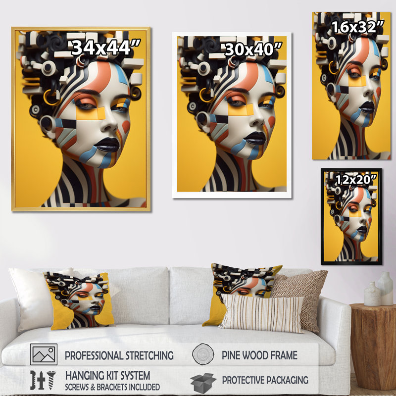 Modèle futuriste africain-américain sur toile, H 20 po x l 12 po, Cadre simple noir