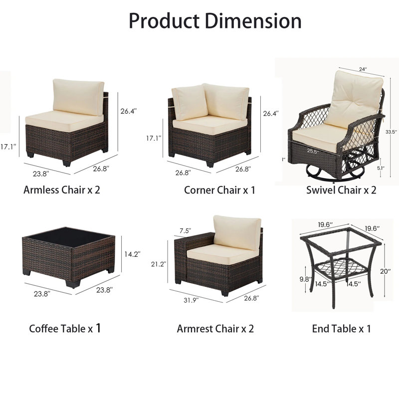 7 Person Patio Wicker Furniture Set With Swivel Rocking Chair, Cream