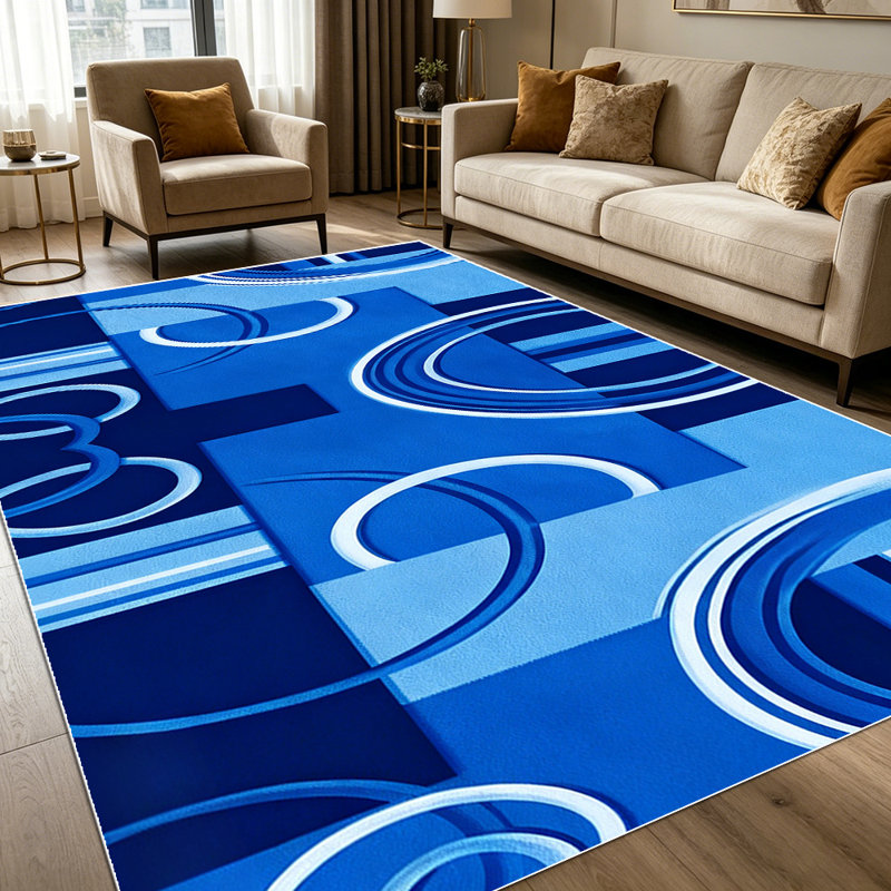 1PC Modern Abstract Geometric Blue Gradient Circle & Stripe Pattern area rugs for Living Room, Soft and Comfortable, Suitable for all seasons, easy-to-maintain, machine washable Indoor floor mat, Under Table Farmhouse suitable for dining table area.