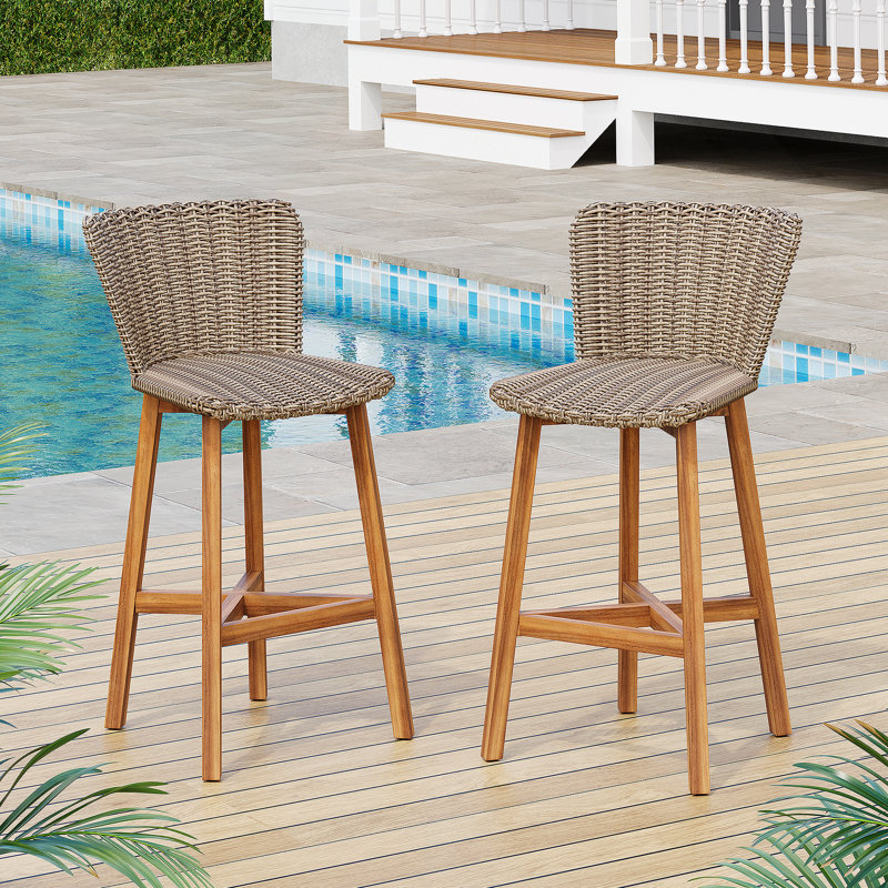 Tabouret de bar d'extérieur en bois fini teck avec osier brun clair, ensemble de 2