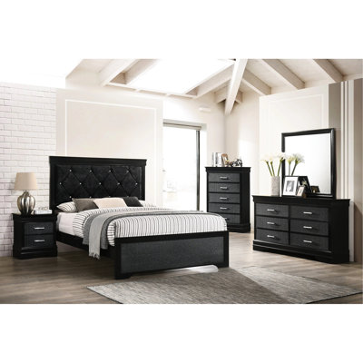Modern King Size Bed With Upholstered Headboard And Brilliant Button Tufting, Black Wood Finish Touch Enrapturing Feature