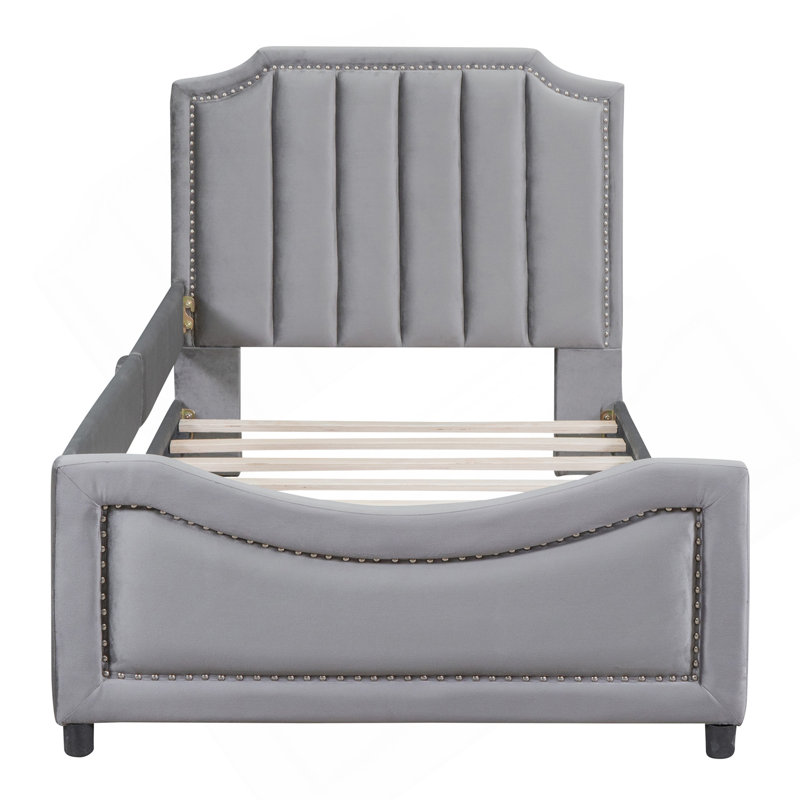 Lit de jour simple tapissier avec tête de lit à rayures classique, gris