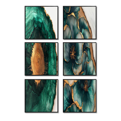 Feuilles d'émeraude, glissade sur bois - ensemble de 6 reproductions d'art mural