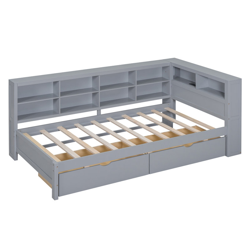 Wooden Twin Size DayBed with 2 Drawers, DayBed with Storage Shelf and USB Charging Ports, Gray