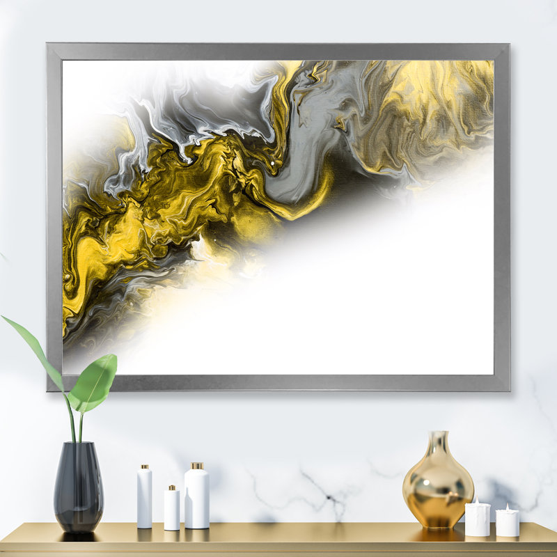 Vague de marbre jaune et gris sur blanc - peinture sur toile, Cadre photo argenté, H 12 po x l 20 po
